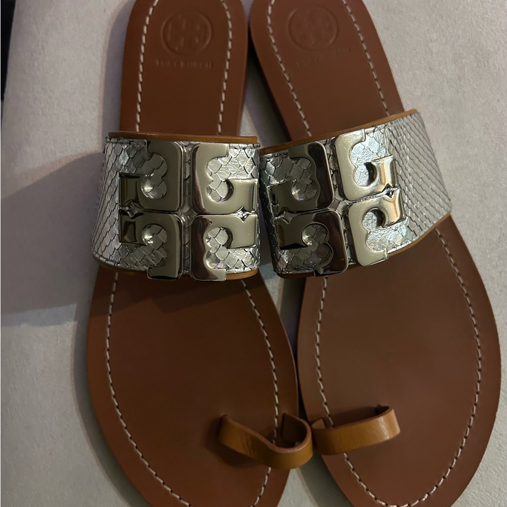 Tory Burch Metallic Silver and Tan Sandals
